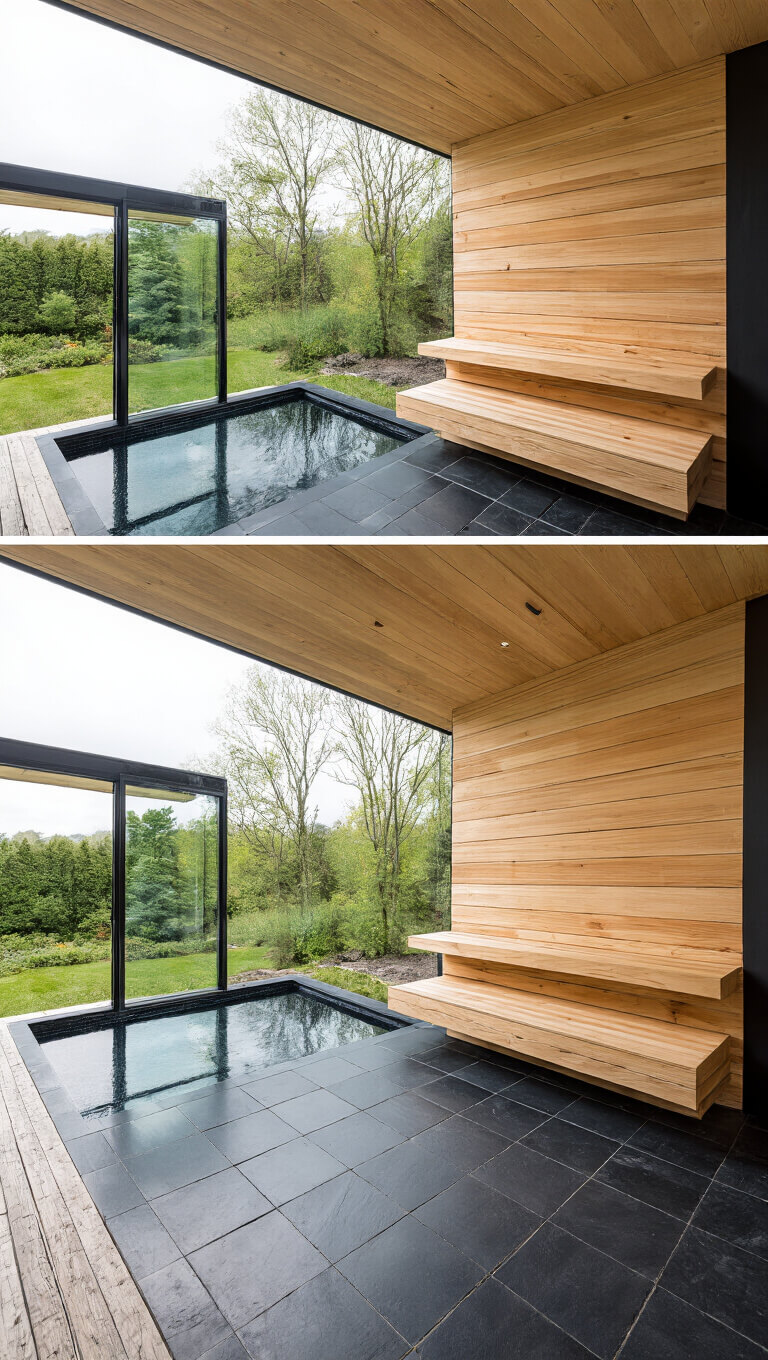 Luxurious indoor-outdoor sauna pavilion with retractable glass wall, cedar benches, black stone flooring, and garden view.