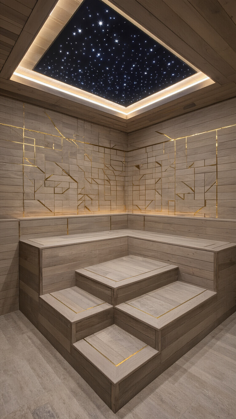 Contemporary 8x10 basement spa with geometric cedar walls, brass inlays, LED star-field ceiling, three-tier benches, and moody lighting.