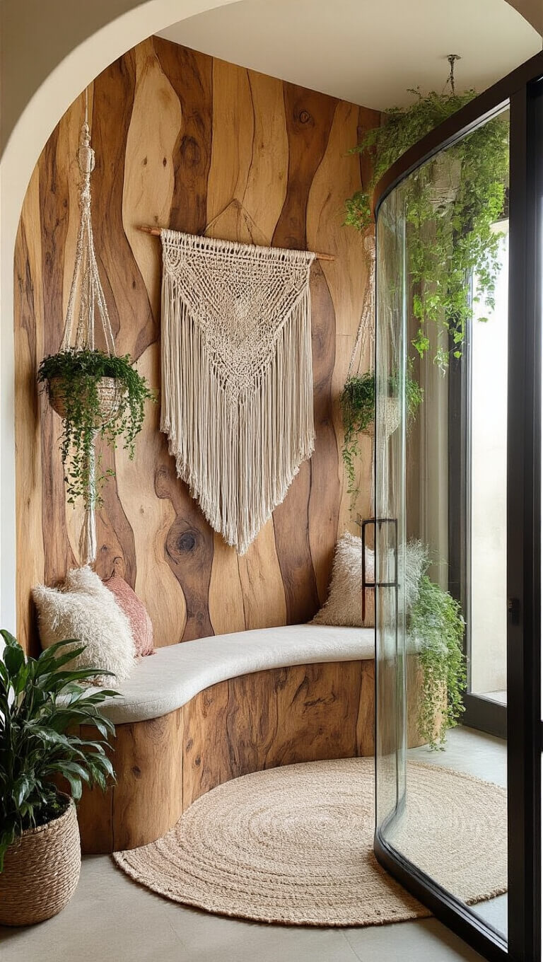 Bohemian wellness corner with curved glass entrance, mixed wood pattern wall, macramé plant holders, trailing greenery, crystal and copper accents in an earthy, eclectic setting.