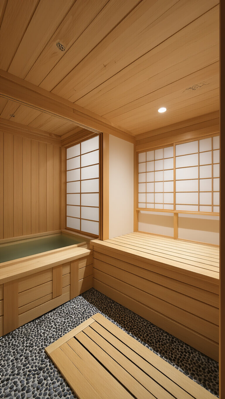 High-angle view of a Japanese-inspired 9'x9' sauna room with hinoki wood interior, sliding shoji screens, built-in wooden soaking tub, pebble floor, bamboo mat pathway, and minimalist Zen design.