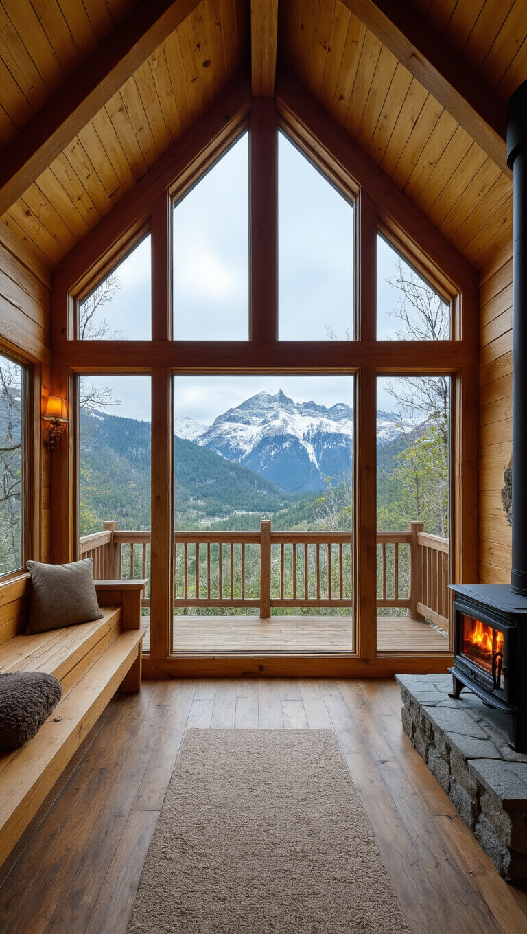 Alpine-style sauna cabin with exposed dark wood beams, dramatic peaked ceiling, large mountain-view window, and stone hearth with wood-burning stove.