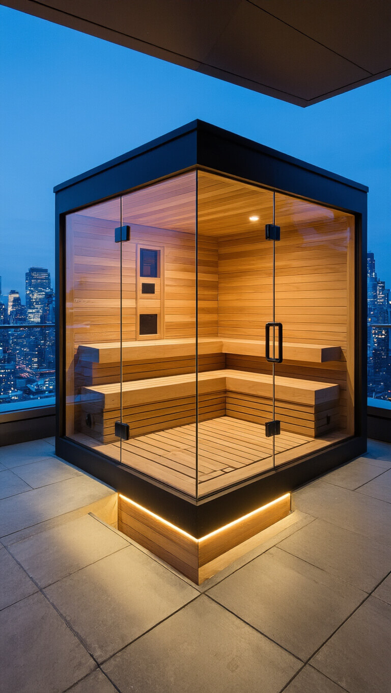 Twilight view of a modern urban penthouse sauna with glass cube design, floating cedar bench, polished concrete floor, and city skyline reflections.