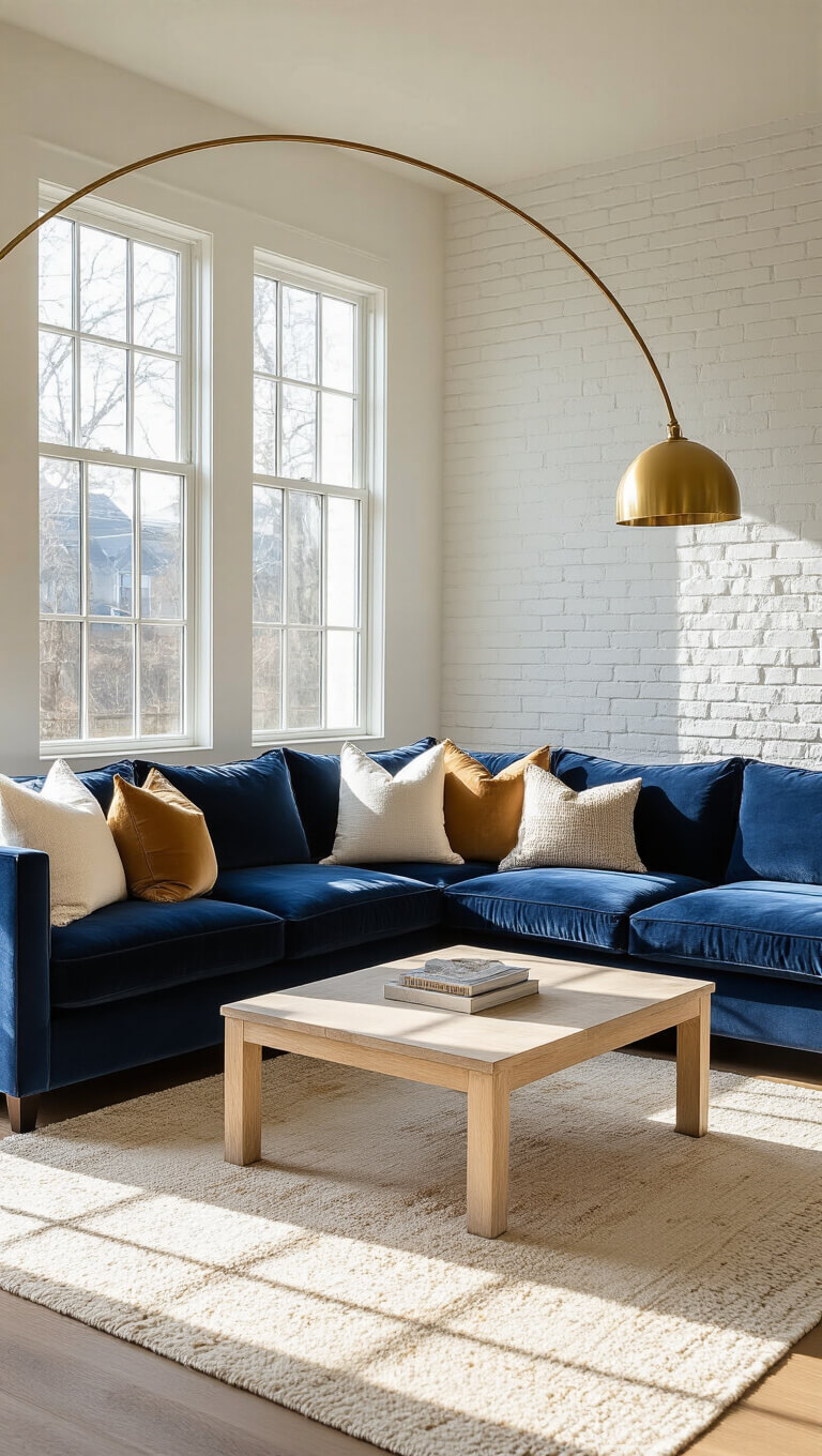 Contemporary sunlit living room with navy velvet sectional, brass floor lamp, oak coffee table on cream Moroccan rug, and golden hour light streaming through floor-to-ceiling windows.