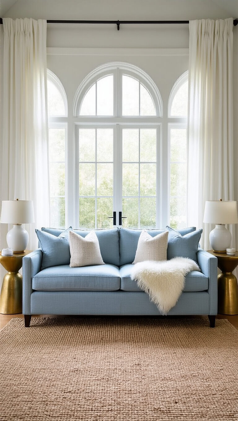 Cozy 15x18ft living room with powder blue linen sofa beneath large modern window, sheer curtains diffusing morning light, brass side tables with ceramic lamps, jute rug, and neutral textured accents.