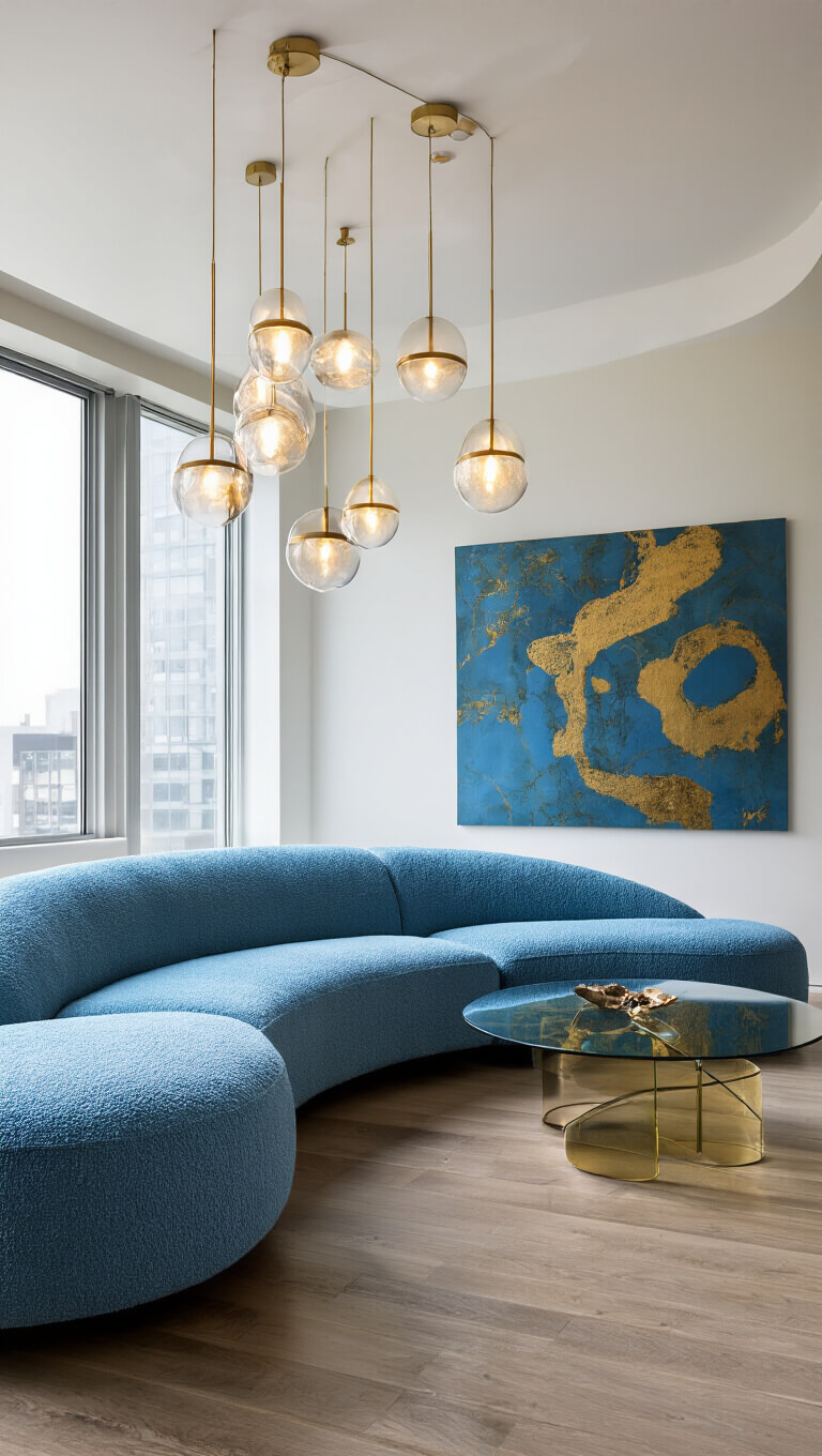 Open-concept modern living space with curved powder blue bouclé sofa, brass and glass coffee table, dramatic pendant lighting, large abstract blue and gold art, and high ceiling.