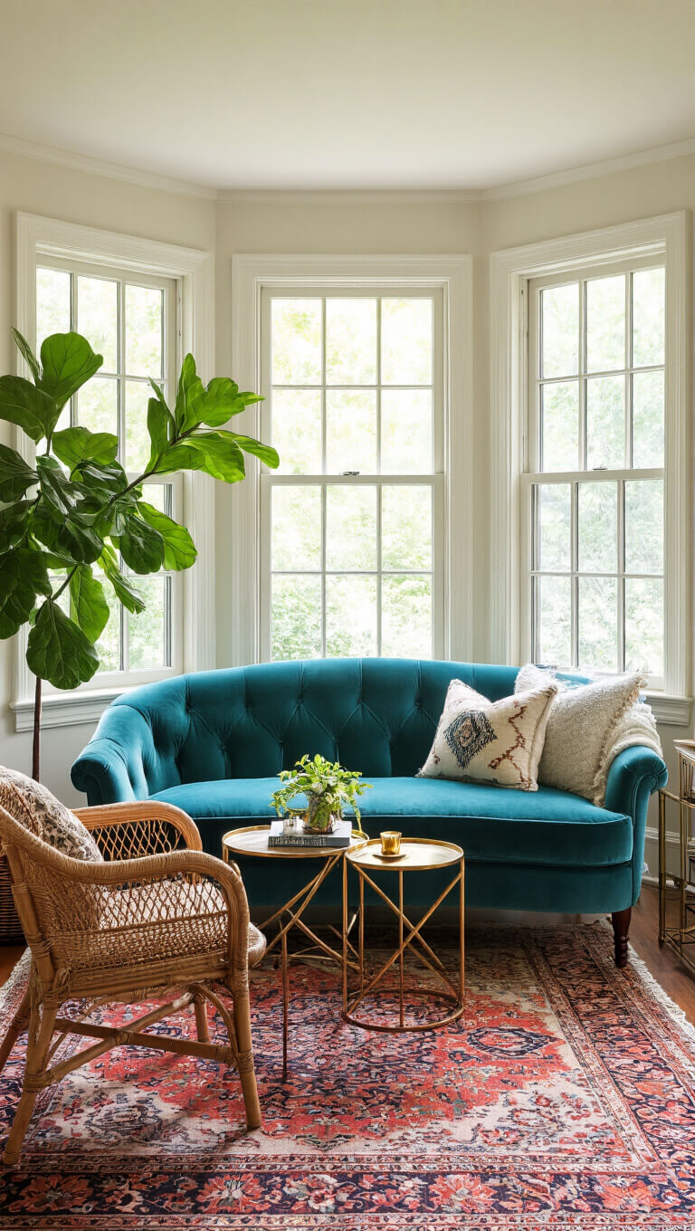 Cozy 14x16ft sitting room with teal velvet loveseat in bay window, sunlit fiddle leaf fig, rattan chair, brass drinks table, and vintage Persian rug in symmetrical layout.