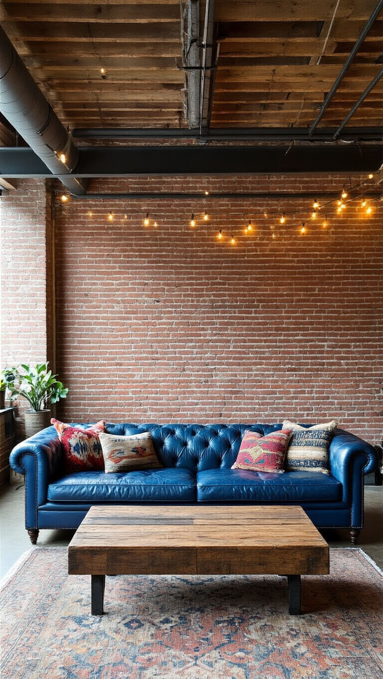 Industrial loft with blue leather sofa, exposed brick wall, string lights, reclaimed wood coffee table, and patterned vintage pillows.