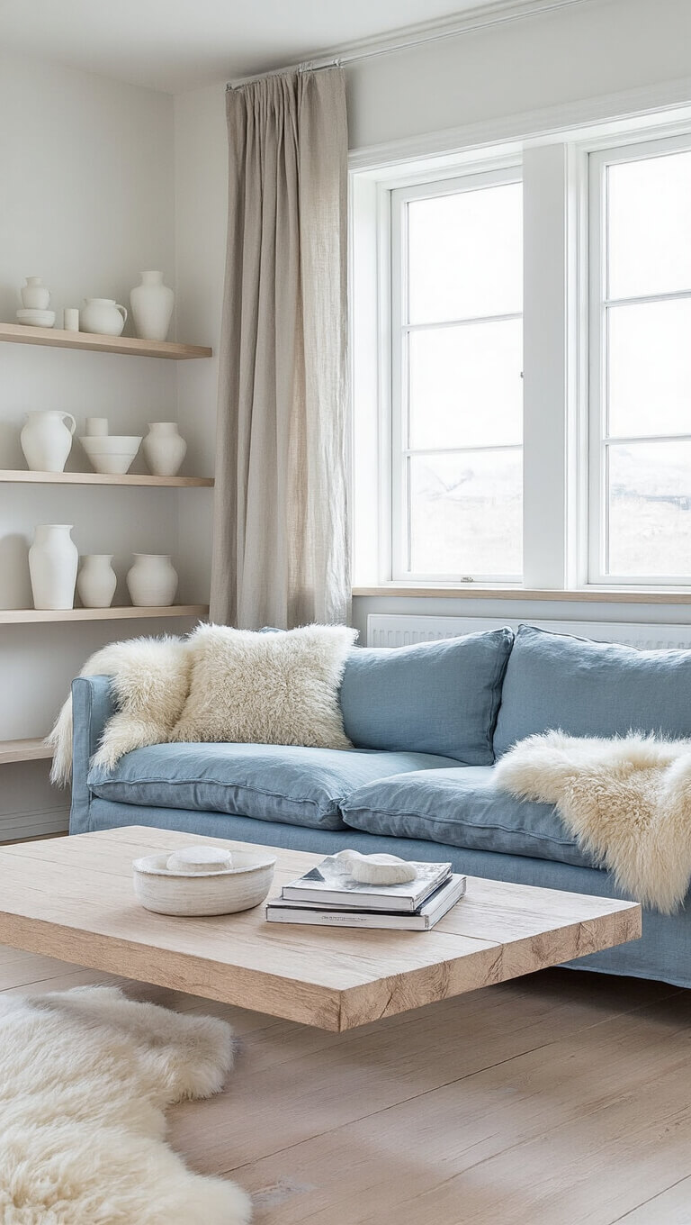 Scandinavian 16x18ft living room with sky blue linen sofa on bleached oak floors, soft northern light, white pottery on floating shelves, and sheepskin throws for texture.