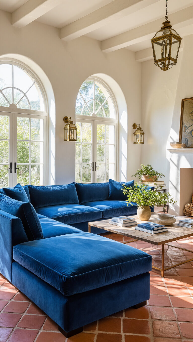 Mediterranean villa room with cobalt blue velvet sectional, terracotta tile floor, whitewashed walls, brass lanterns, and sunlight streaming through arched windows.