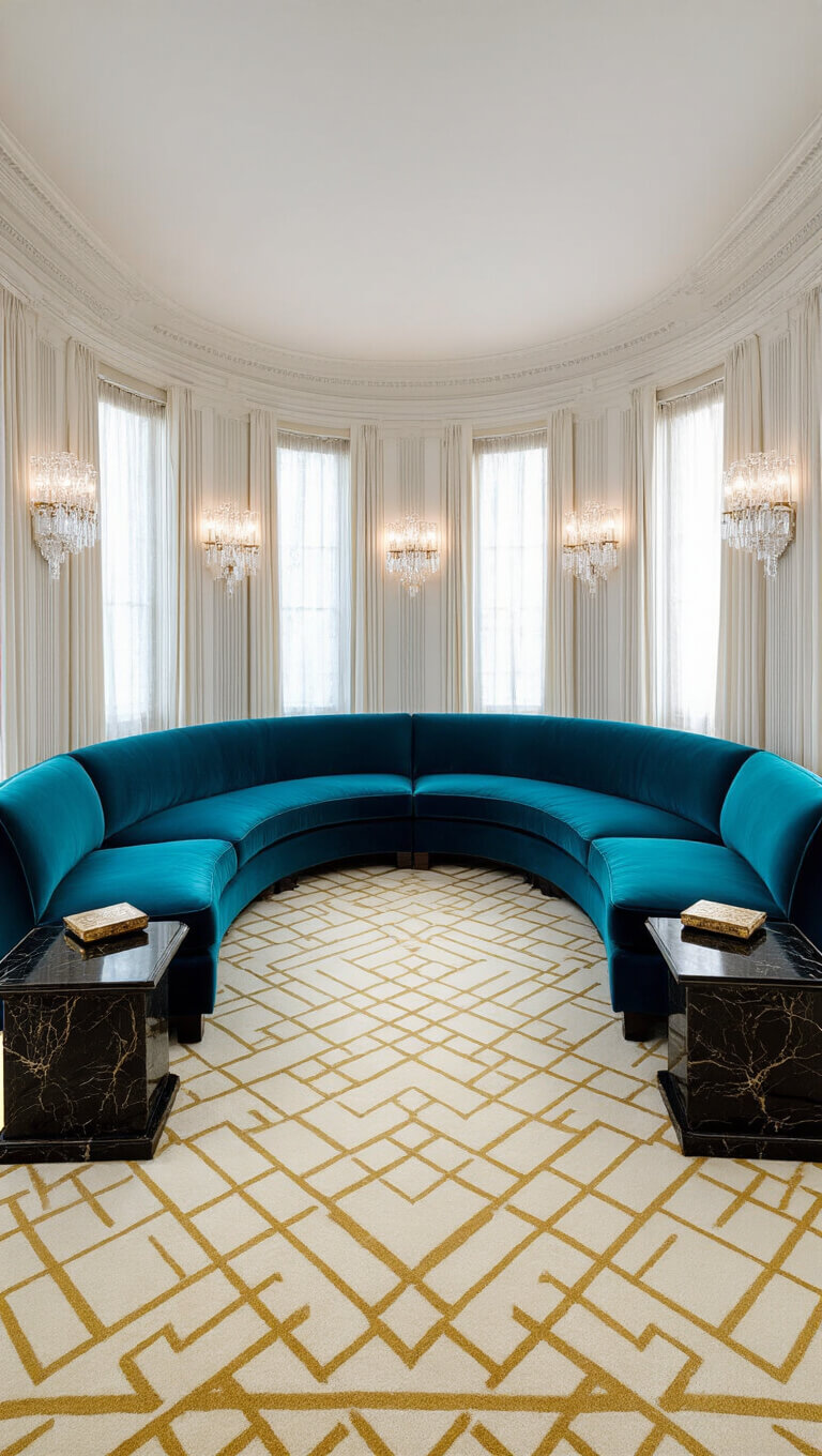 Art Deco parlor with peacock blue curved velvet sofa, crystal wall sconces, black marble side tables with brass inlay, cream and gold geometric carpet, showcasing symmetrical and elegant design.