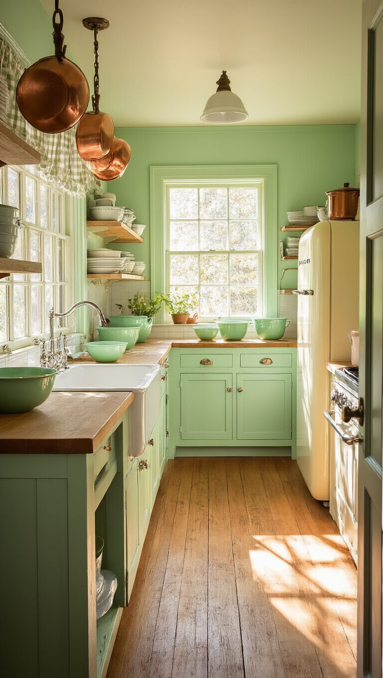 Vintage mint green kitchen at golden hour with sunlight streaming through window onto oak countertops, jadeite bowls, cream Smeg fridge, pastel enamelware, gingham curtains, and hanging copper pots.