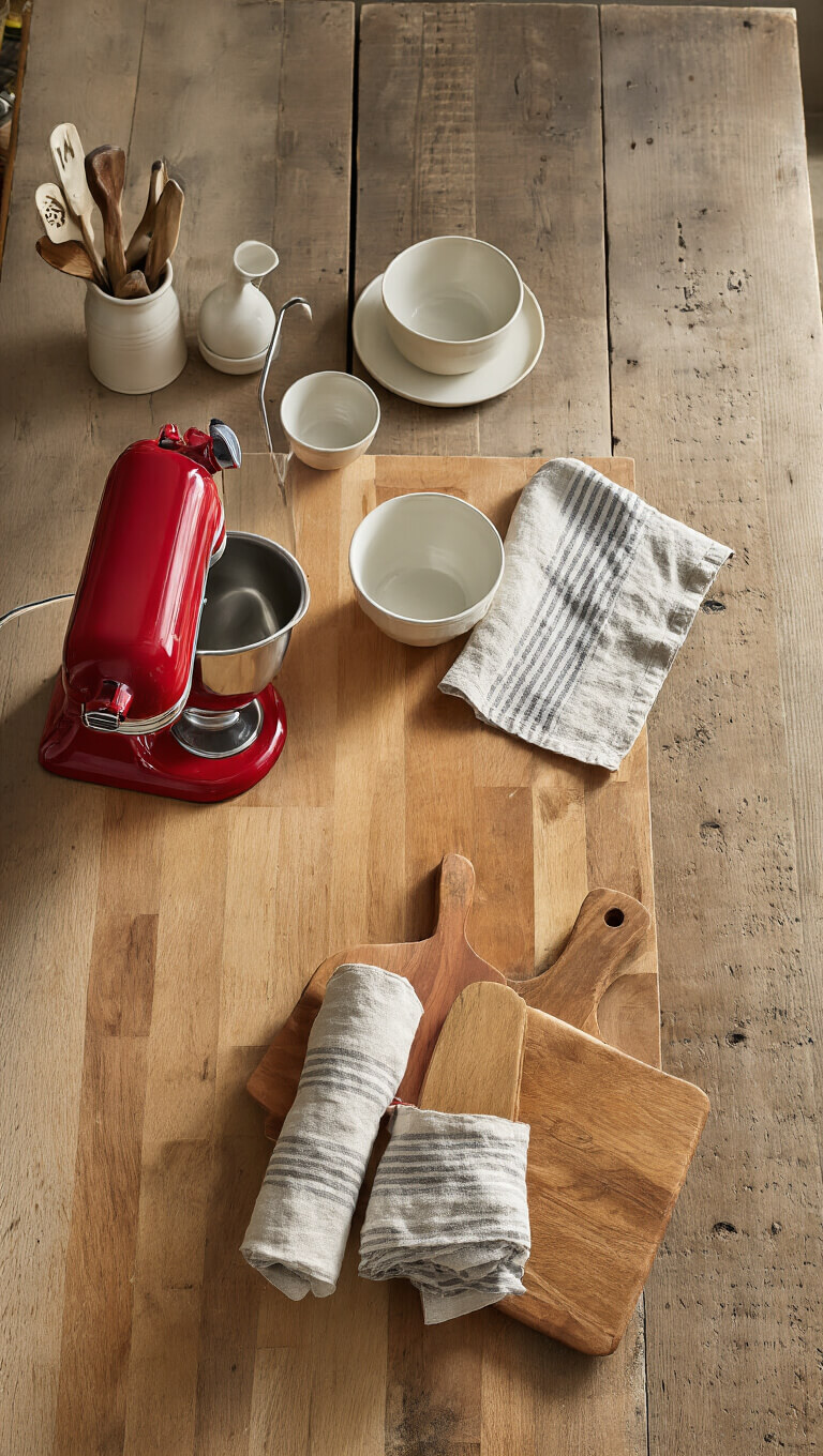 Overhead view of vintage kitchen island with weathered butcher block, red stand mixer, ceramic bowls, striped linen tea towels, and assorted wooden cutting boards.