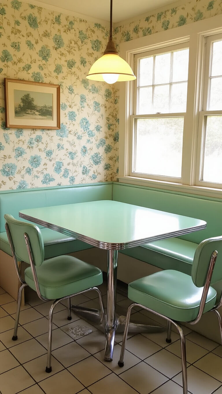 1950s eat-in kitchen nook with mint green formica table, vinyl chairs, floral wallpaper, and warm pendant lighting.
