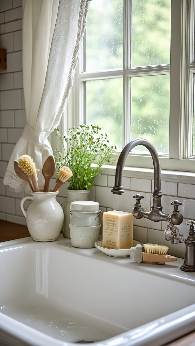 Macro shot of white porcelain farmhouse sink with vintage dish soaps, brushes, and pottery dish by a window with cafe curtains and subway tile backsplash.