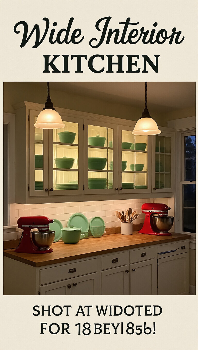 Galley kitchen at dusk with cream glass-front cabinets displaying jadeite dishware, warm pendant lighting, and red and mint appliance accents.