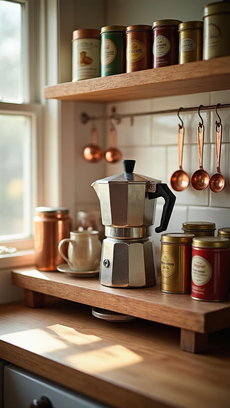 Close-up of a vintage kitchen coffee station with a restored 1960s percolator, assorted retro coffee tins, and copper measuring spoons hanging on hooks, all bathed in warm afternoon light.