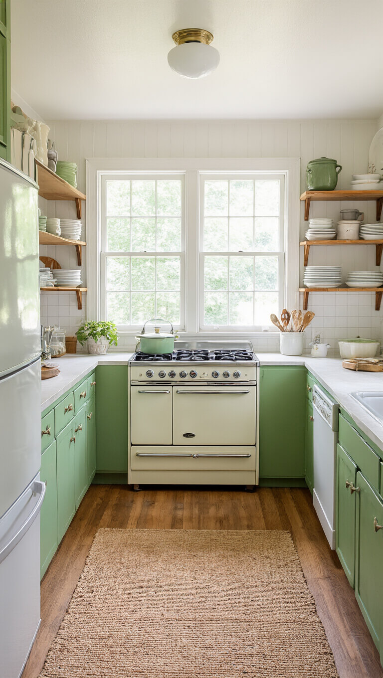 Wide-angle view of vintage kitchen with L-shaped layout, 1950s stove, soft green lower cabinets, white uppers, open shelves, and natural midday light.