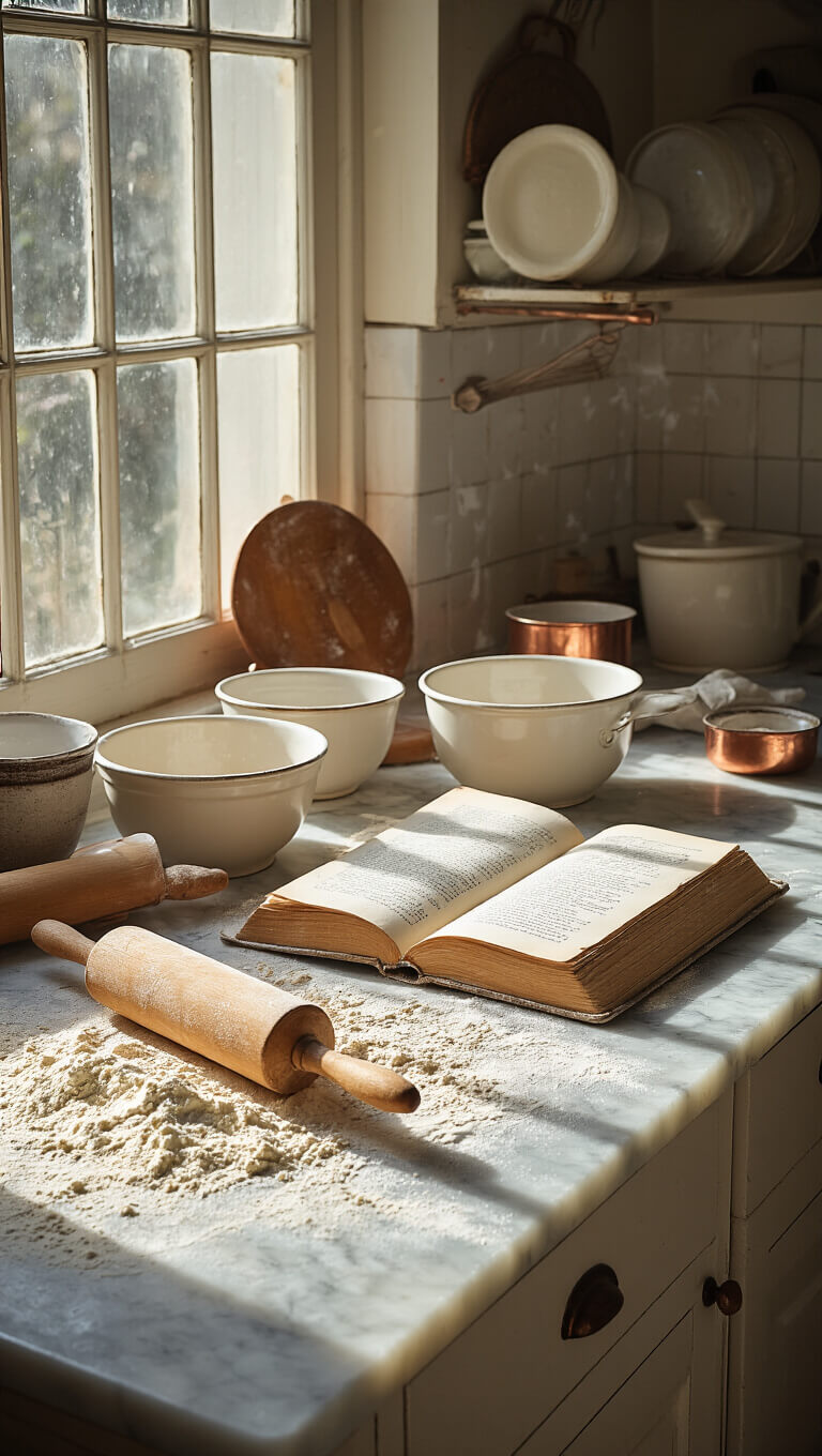 Vintage kitchen baking area with flour-dusted marble surface, nested ceramic bowls, rolling pins, and open cookbook on copper stand, lit by morning sunlight.
