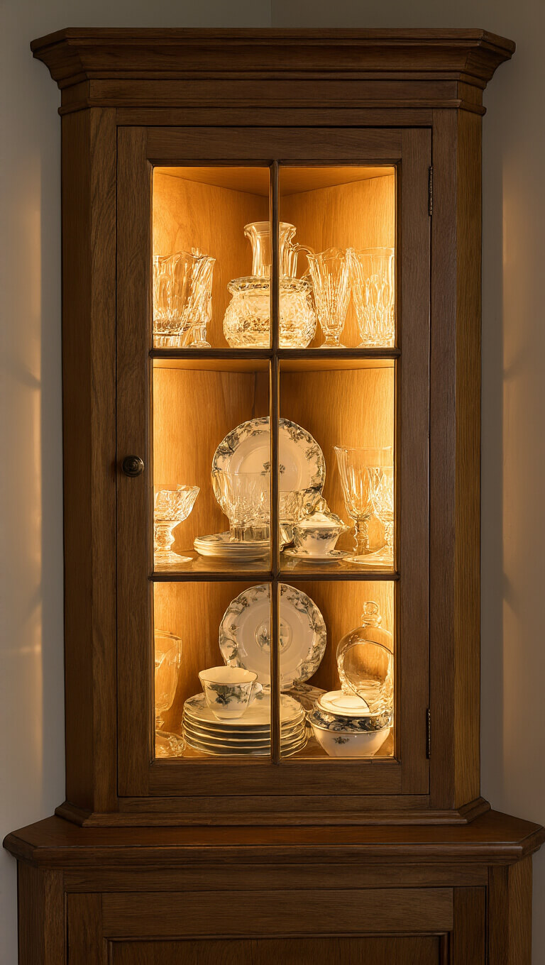 Glass-fronted corner cabinet illuminated from within, showcasing vintage glassware and china in warm evening light.