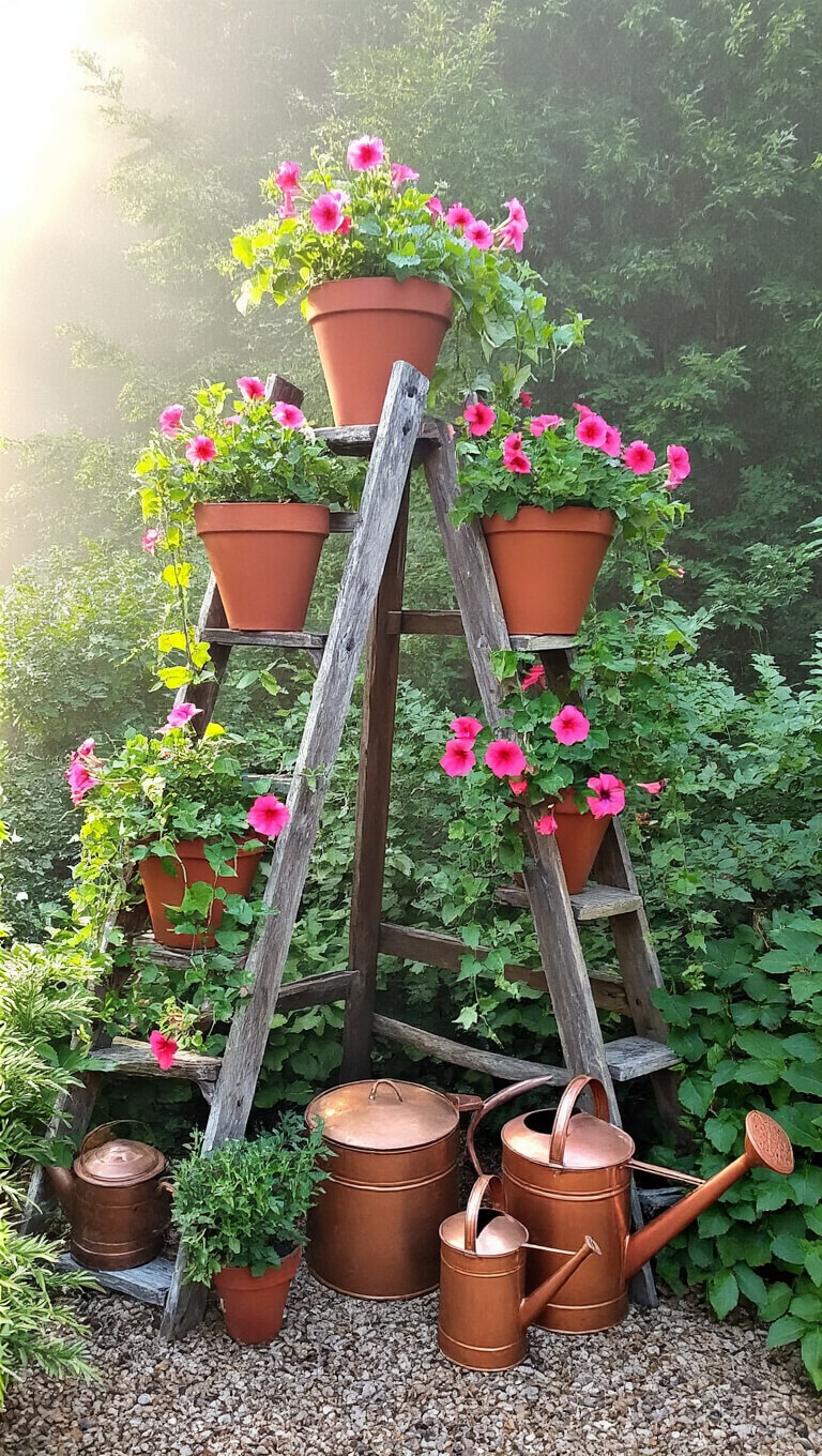 Rustic garden corner with vintage wooden ladders holding terra cotta pots of trailing petunias and ivy, copper watering cans at the base, in soft morning mist and light.