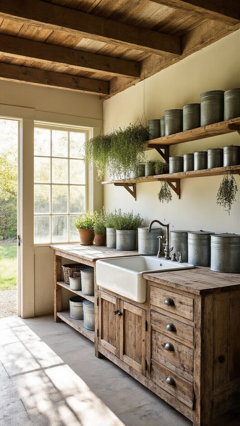 Vintage potting station with farmhouse sink, zinc containers, dried herbs, and rustic wood shelving bathed in late afternoon light.