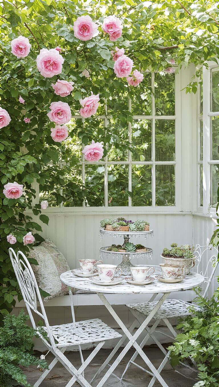 Intimate garden tea nook with white iron bistro set under climbing roses, vintage crystal stand with morning glories, and antique teacups holding succulents in soft morning light.