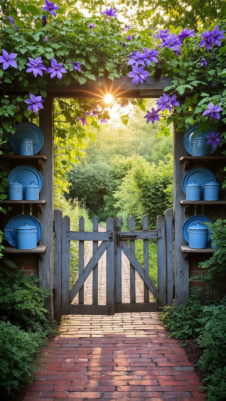 Antique wooden garden gate with purple clematis, flanked by blue enamelware on shelves and aged brick pathway leading up.