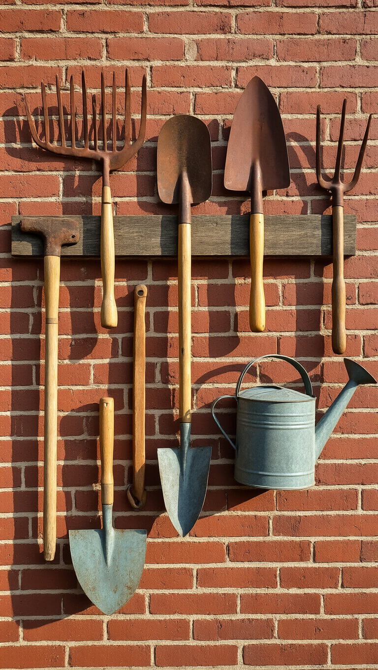 Artfully arranged antique garden tools on red brick wall with aged copper, rusty metal, and worn wood textures in soft morning light.