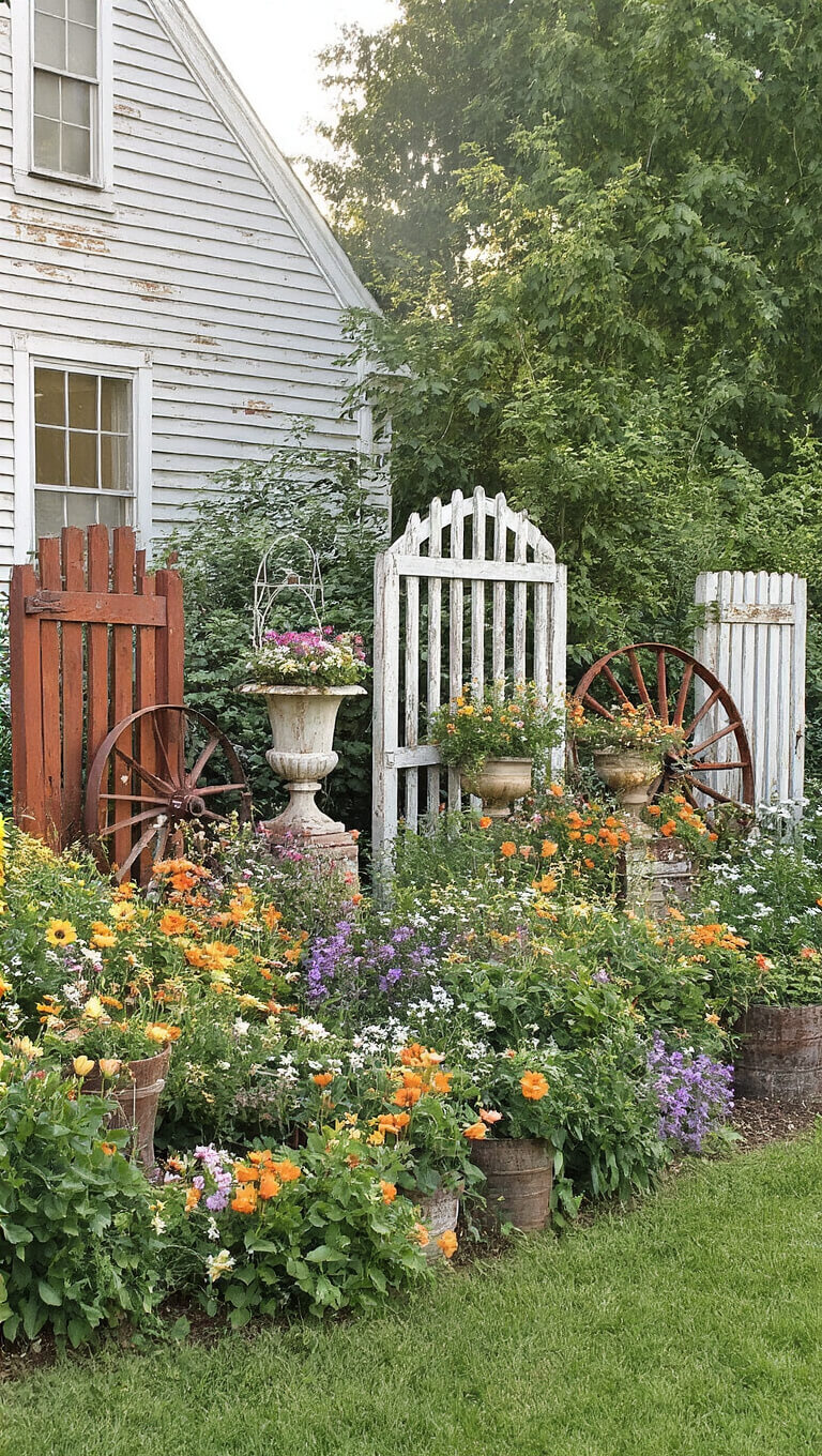 Early morning light on a 20x30ft cottage garden bed with vintage elements like weathered garden gates used as trellises, old wagon wheels as focal points, and antique urns filled with pastel cottage flowers.