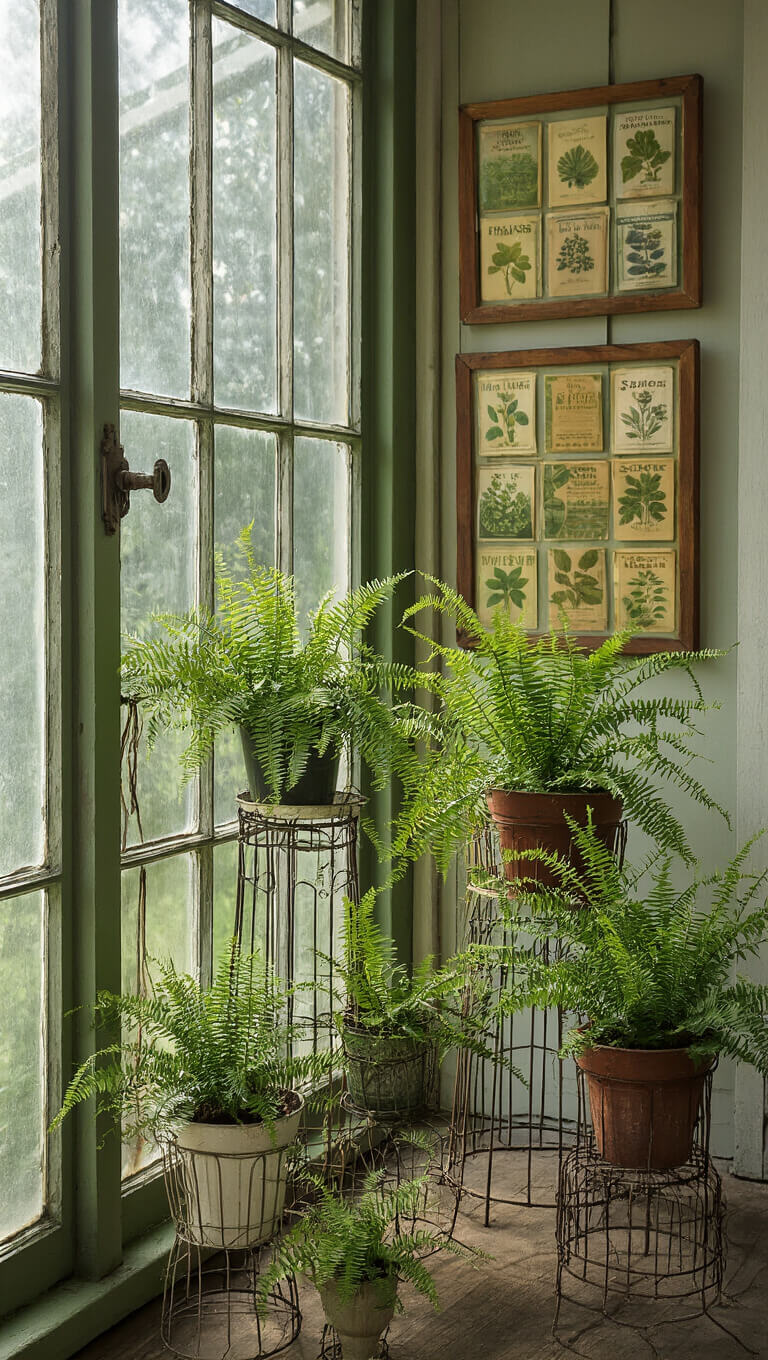 Vintage greenhouse interior with Victorian wire plant stands holding lush ferns and tropical plants, framed vintage seed packets on creamy white walls, and soft afternoon light filtering through old glass panels seen through a vintage windowpane.
