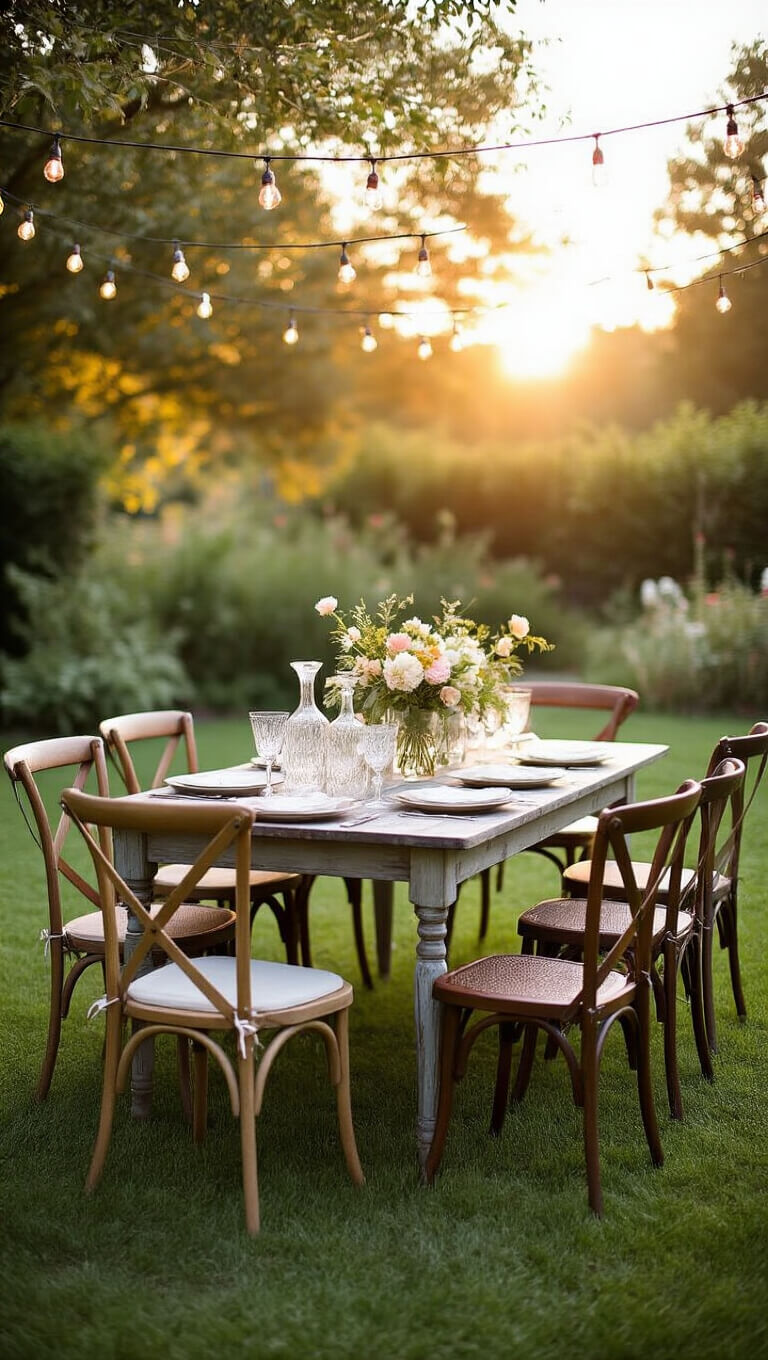 Vintage garden party at golden hour with mismatched chairs around a rustic farm table, crystal decanters holding flowers, and string lights overhead on a lush green lawn.
