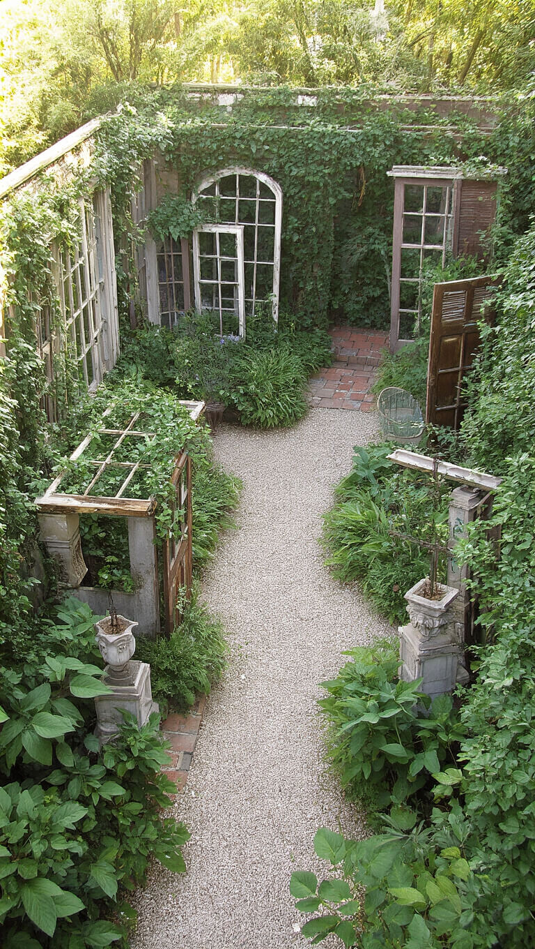 Aerial view of a 30x40ft garden with salvaged architectural elements like old windows as trellises, vintage doors forming garden rooms, and corbels as plant stands, surrounded by climbing greenery in aged whites, verdigris copper, and weathered wood tones.