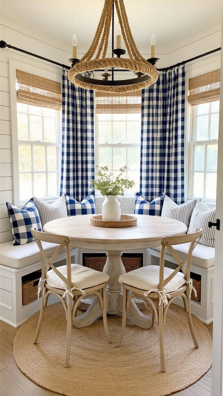 Cozy breakfast nook with round farmhouse table, cream cushioned chairs, rope chandelier, shiplap walls, navy check curtains, and window seats with coastal pillows.
