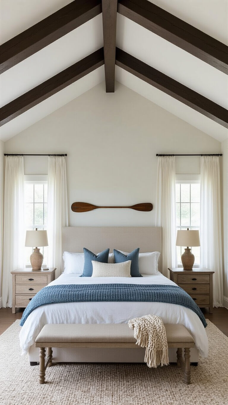 Spacious primary bedroom with vaulted ceiling, dark wood beams, king bed in white linens with ocean blue throw, vintage oar wall art, and soft afternoon light through gauzy drapes.