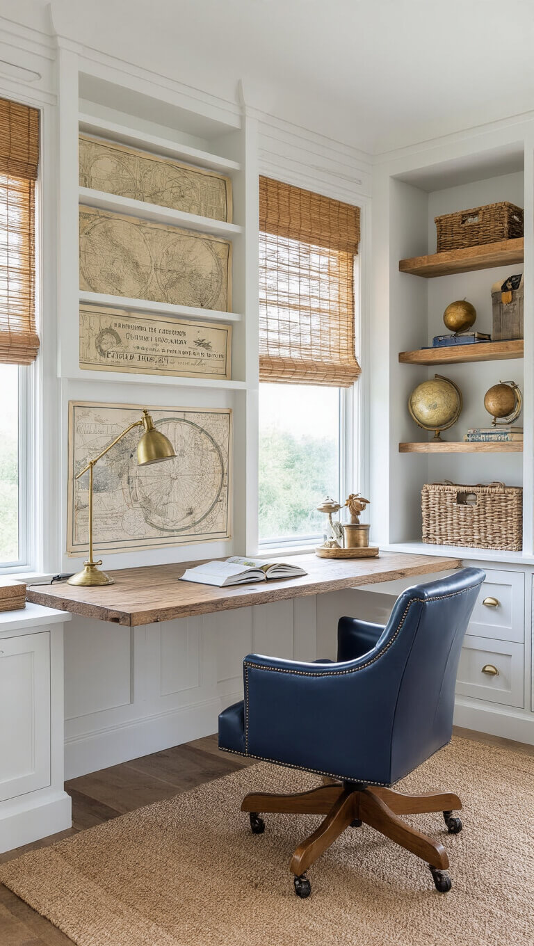 Cozy home office with white built-in bookshelves, rustic wood desk, navy leather chair, and nautical-themed decor in soft natural light.