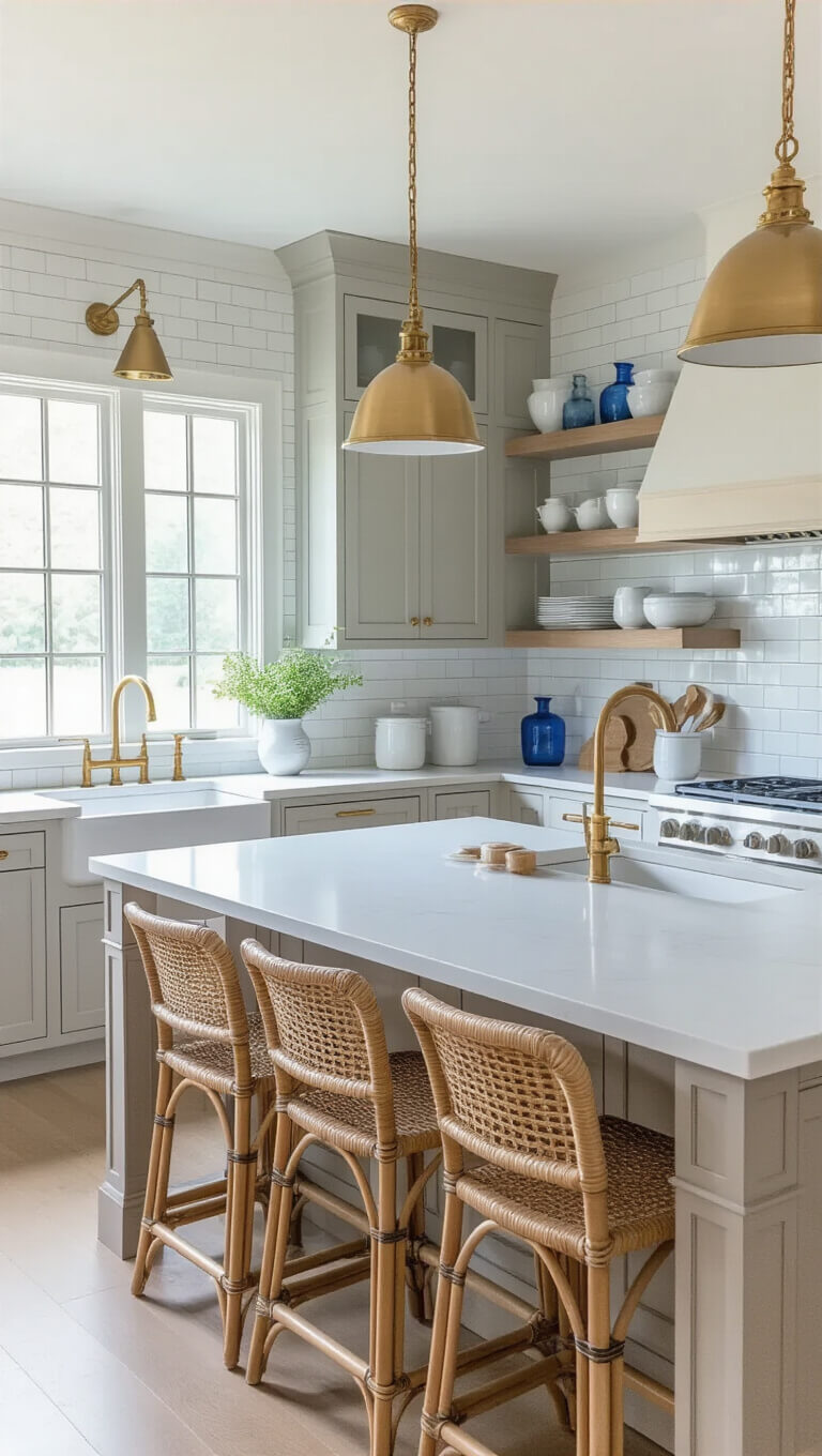 Bright kitchen with pale gray shaker cabinets, white quartz countertops, large wood-topped island with rattan barstools, brass fixtures, open shelving with white and blue pottery, and ceiling-height subway tile backsplash.