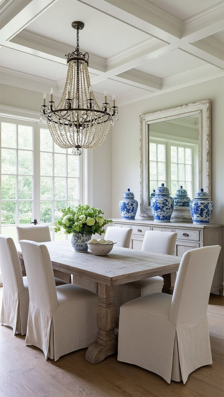 Elegant dining room with coffered ceiling, crystal chandelier, farmhouse table, upholstered chairs, and oversized mirror reflecting garden views.