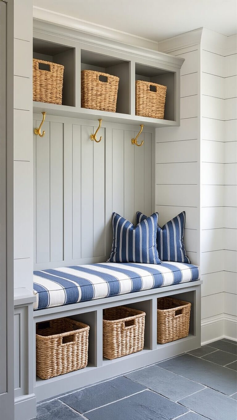 Mudroom with soft gray built-in lockers, brass hooks, white oak bench with navy striped cushion, woven baskets below, slate floor, and white shiplap walls.