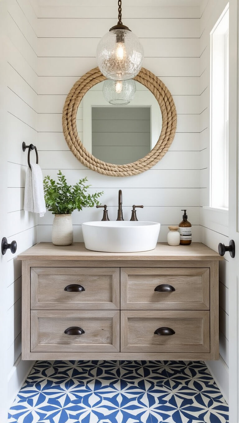 Coastal powder room with blue and white geometric floor tiles, floating weathered wood vanity, white vessel sink, rope mirror, and glass pendant light.