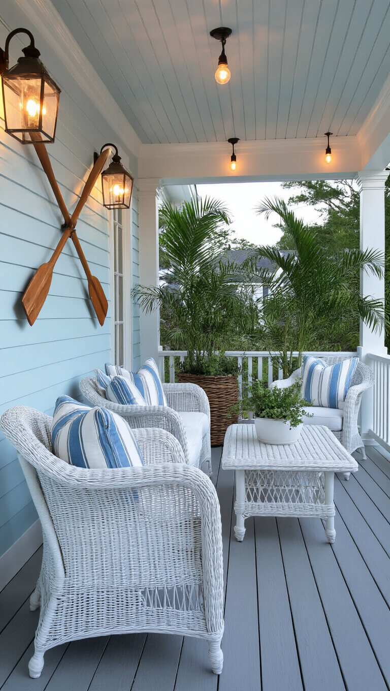 Cozy 16x18ft covered porch with whitewashed ceiling, pale blue beadboard, white wicker furniture with coastal striped cushions, potted palms, market lights, and vintage crossed oars, captured at blue hour.
