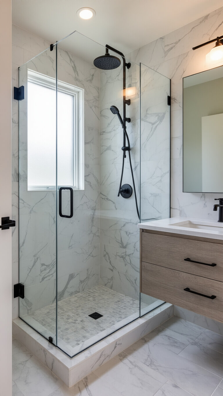 Minimalist corner walk-in shower with frameless glass, matte black fixtures, and white marble-look tiles in sunlit modern bathroom.
