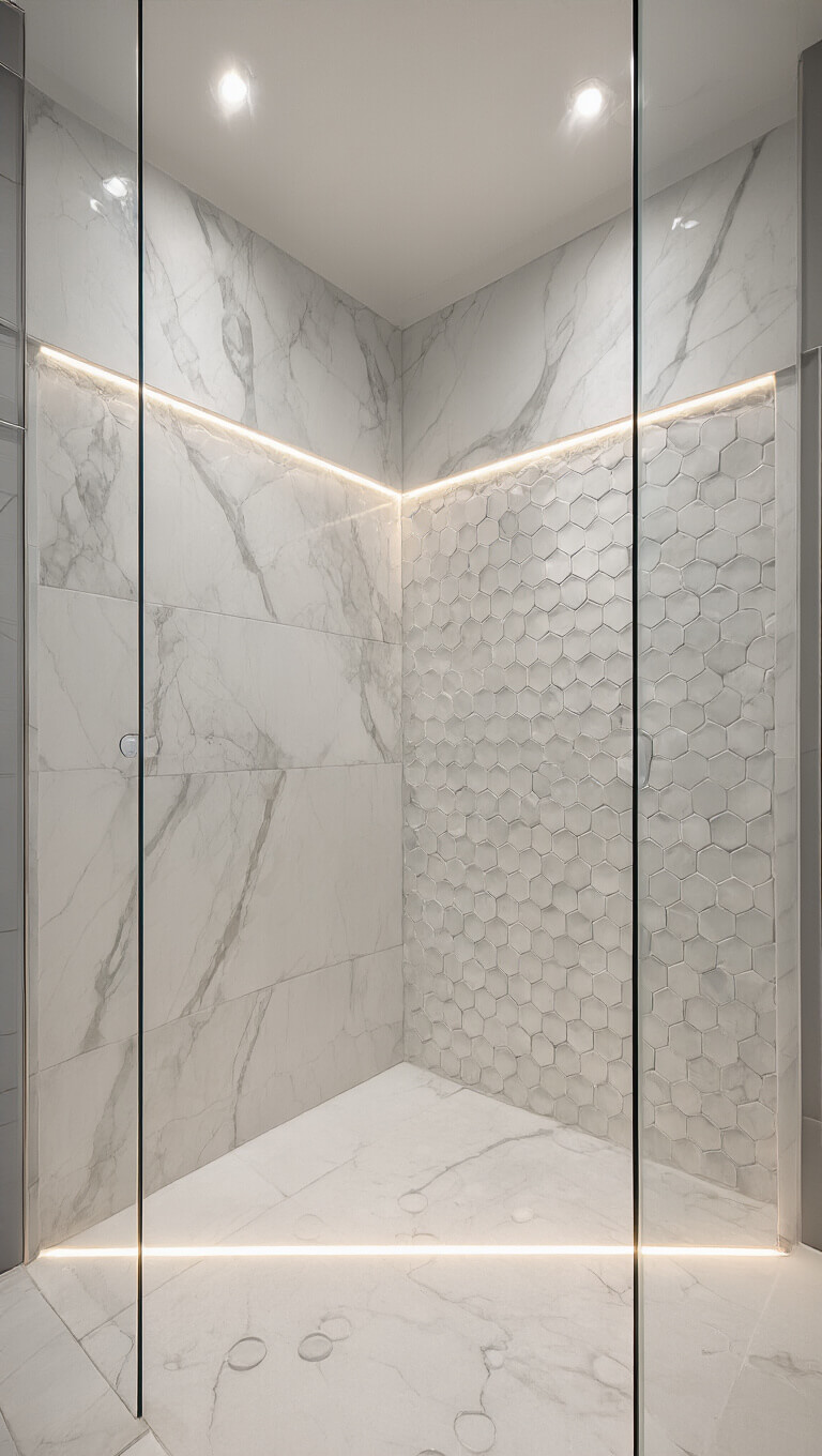 Low-angle view of a compact 7x6ft bathroom with floor-to-ceiling marble-effect porcelain, hexagon accent wall, and frameless glass shower enclosure with water droplets catching soft daylight and LED glow.