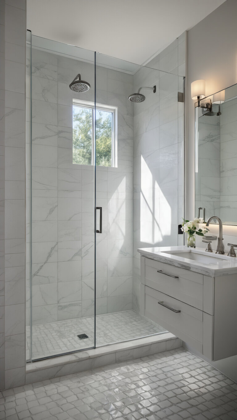 Wide-angle view of a modern 5x8ft white bathroom with corner shower, frameless glass, floating vanity, and natural light highlighting tile veining and geometric shadows.