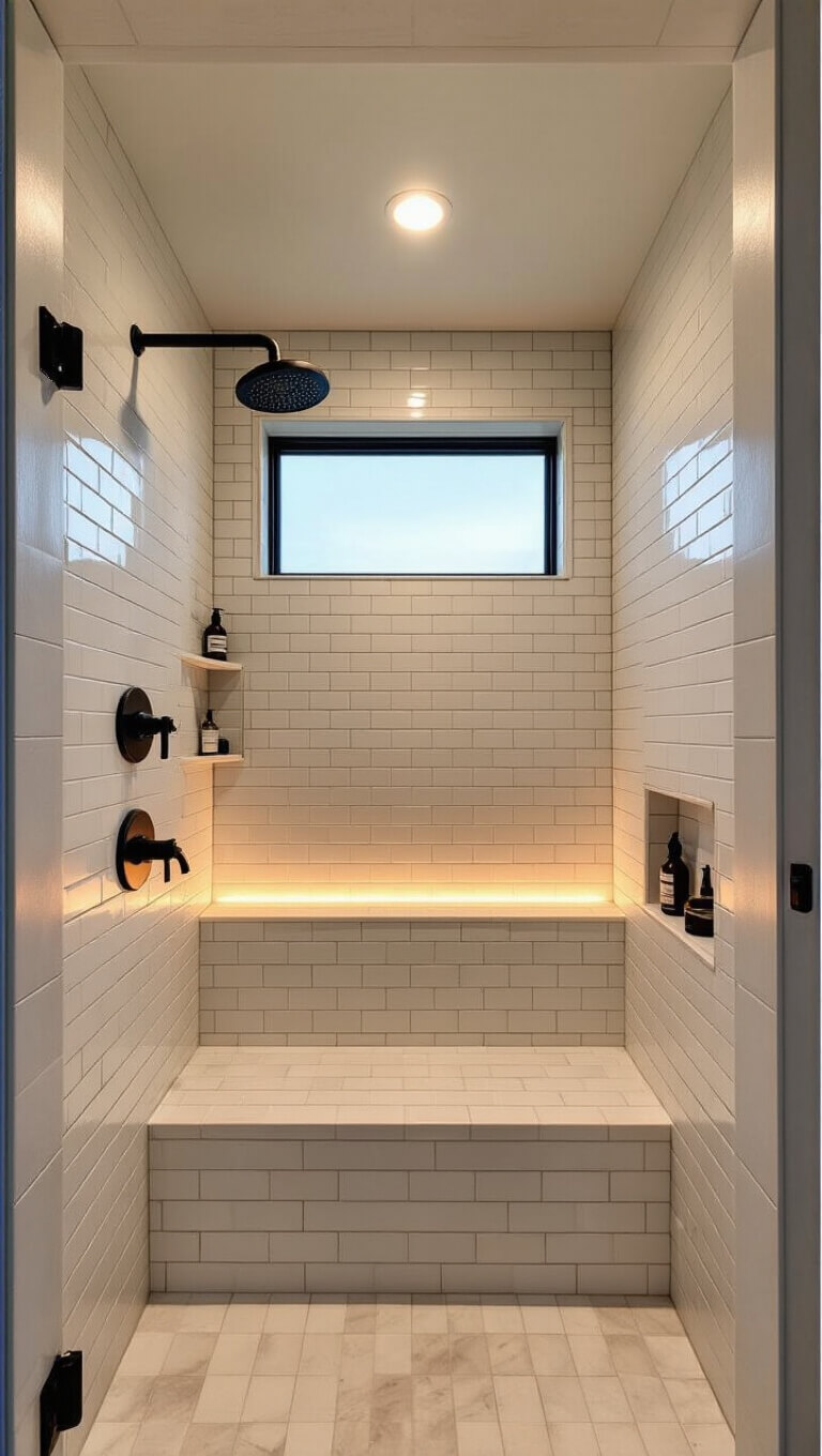Intimate corner view of a 7x7ft walk-in shower with white dimensional tiles, warm LED lighting, black fixtures, built-in bench, and styled shower niches.