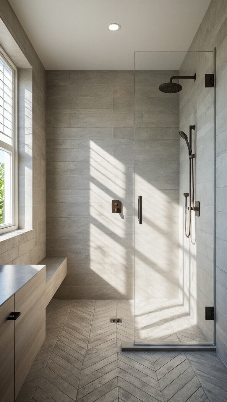 Ground-level view of a curbless shower in a small bathroom with herringbone floor tiles, sunlight casting shadows, invisible glass panel, wall-mounted fixtures, and minimalist drain.