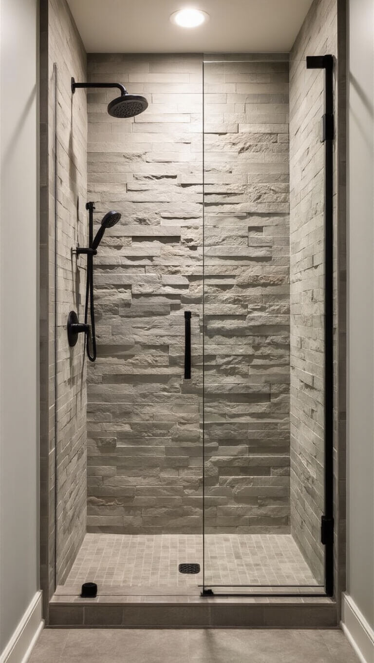 Eye-level view of a modern shower alcove with stacked stone-look tiles, matte black fixtures, frameless glass, and built-in storage.