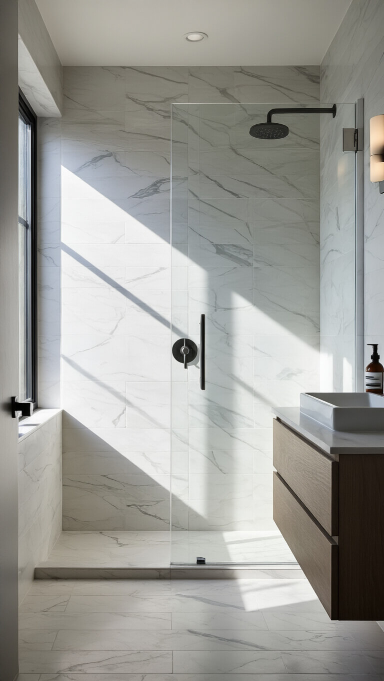 Diagonal view of a 7x5ft bathroom with corner shower, large white tiles with grey veining, floating vanity aligned with glass panel, and dawn light casting dramatic shadows.
