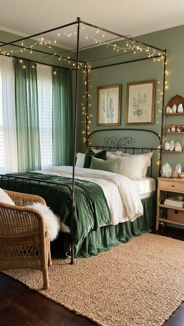 Wide-angle view of a cozy 14x16ft bedroom at golden hour with sunlight through sheer emerald curtains, showcasing a vintage iron canopy bed with moss-green velvet and ivory bedding, fairy lights, wooden shelves with crystals and ceramic mushrooms, sage walls with botanical prints, jute rug on hardwood floors, and a rattan reading chair with a faux fur throw.