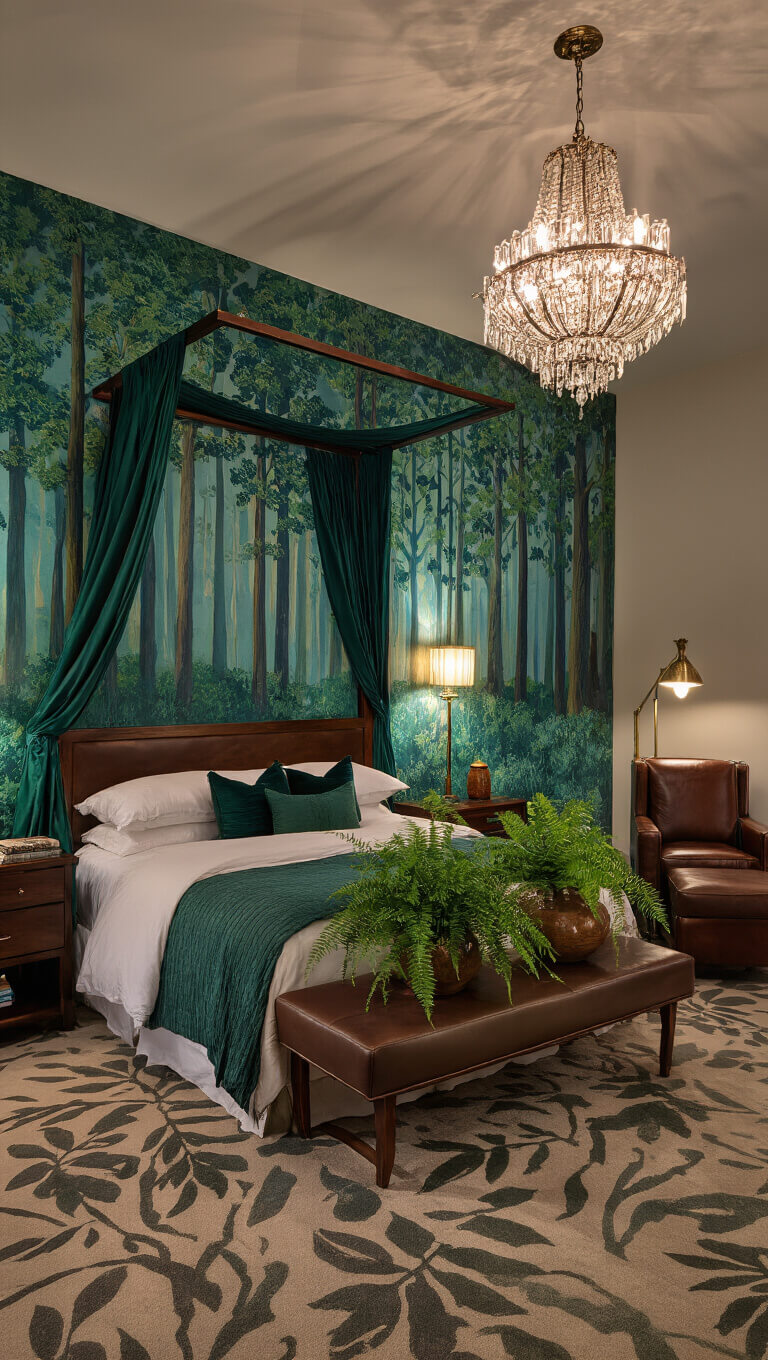 Luxury primary bedroom at twilight with custom forest mural, walnut four-poster bed, emerald silk canopy, crystal chandelier, leaf-patterned wool carpet, leather reading chair, and ceramic vessels with ferns.