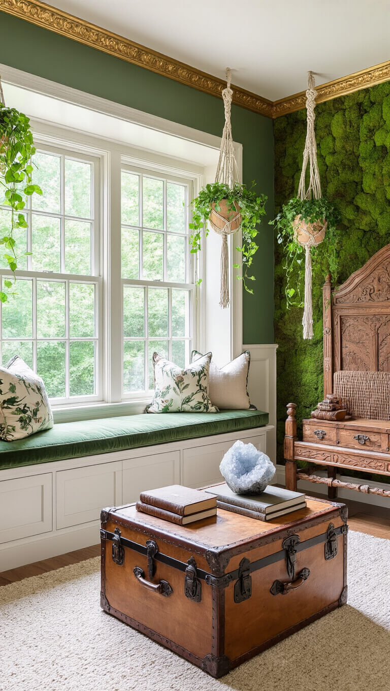 Sunlit bedroom with botanical-print window seat, vintage trunk coffee table holding books and geodes, moss green walls with gold crown molding, trailing ivy in macramé hangers, and a carved wooden headboard against a preserved moss accent wall.